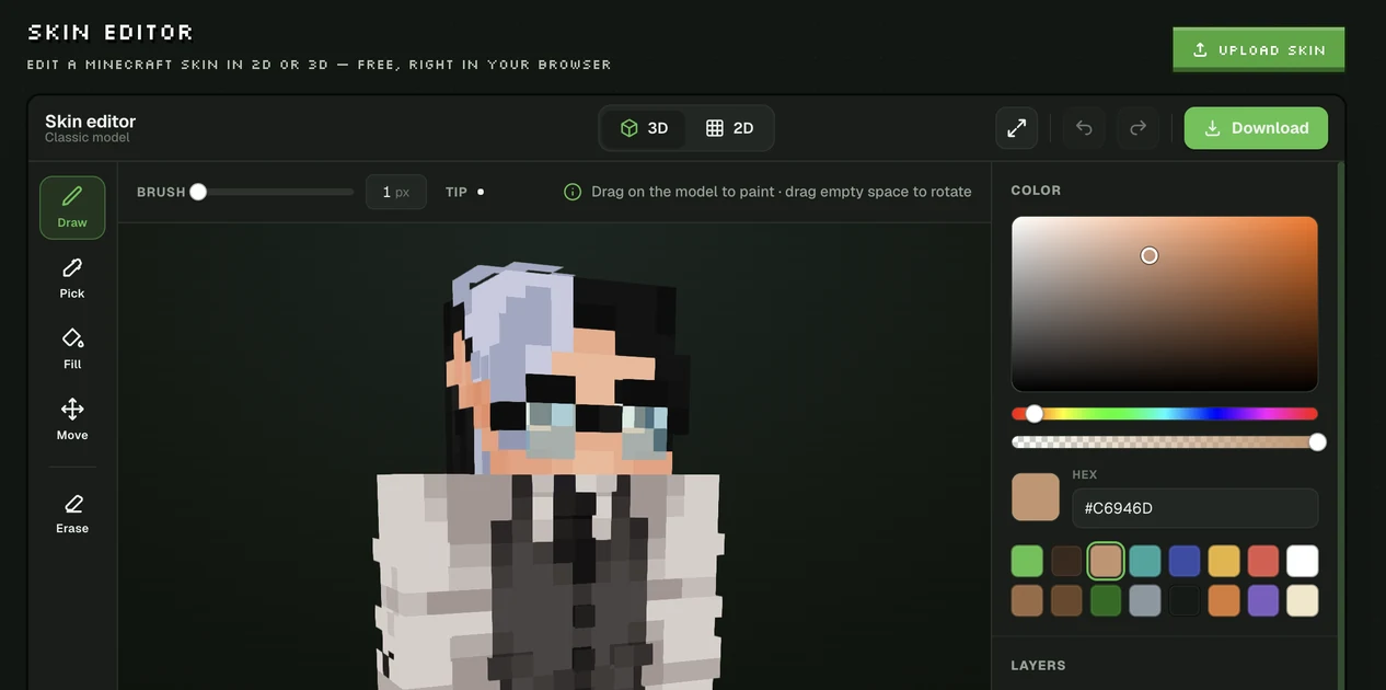 Comparing Minecraft skin editors — the Photo2Skin editor painting a skin on the 3D character model