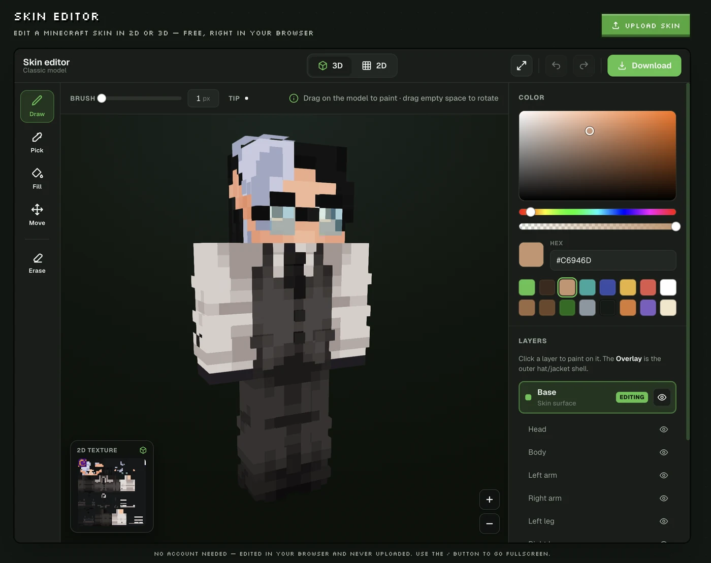 The Photo2Skin skin editor: a character painted in 3D with draw, pick, fill, move and erase tools, a full colour picker and layers panel, no account needed