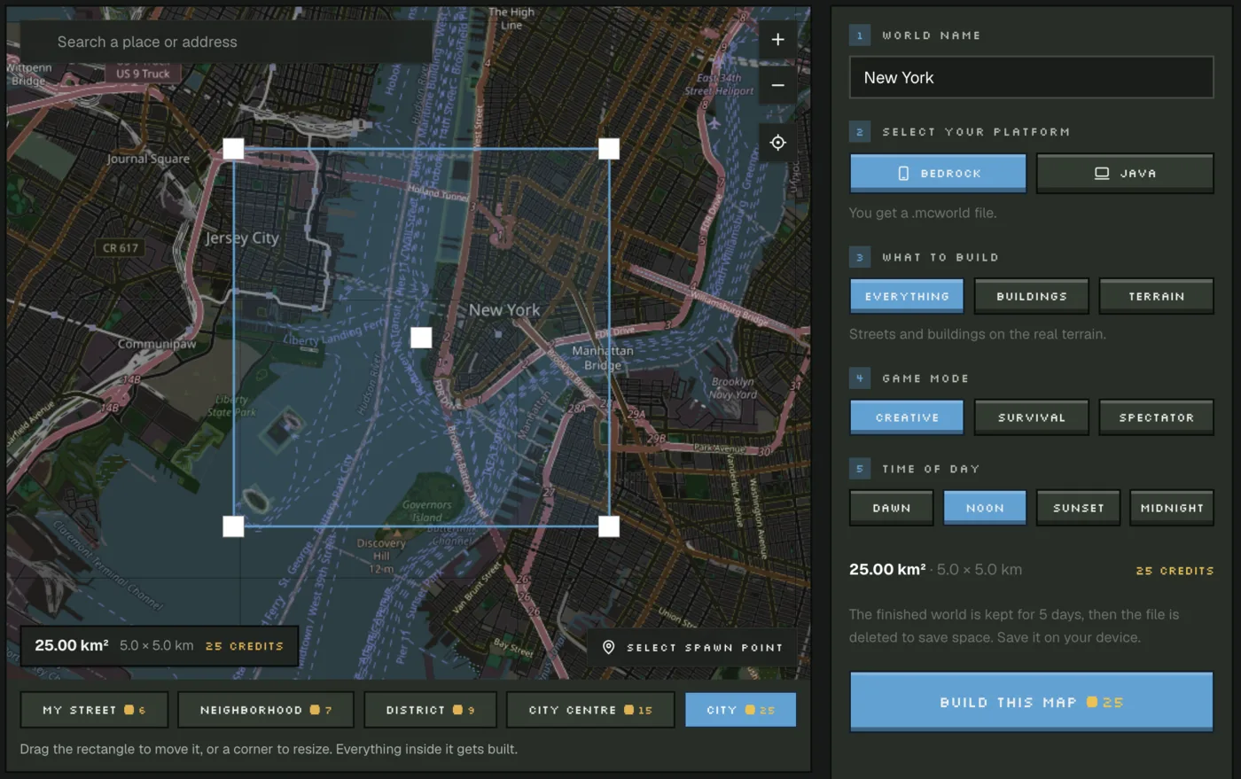 Photo2Skin Real World Minecraft Map Generator with a selection box over Lower Manhattan