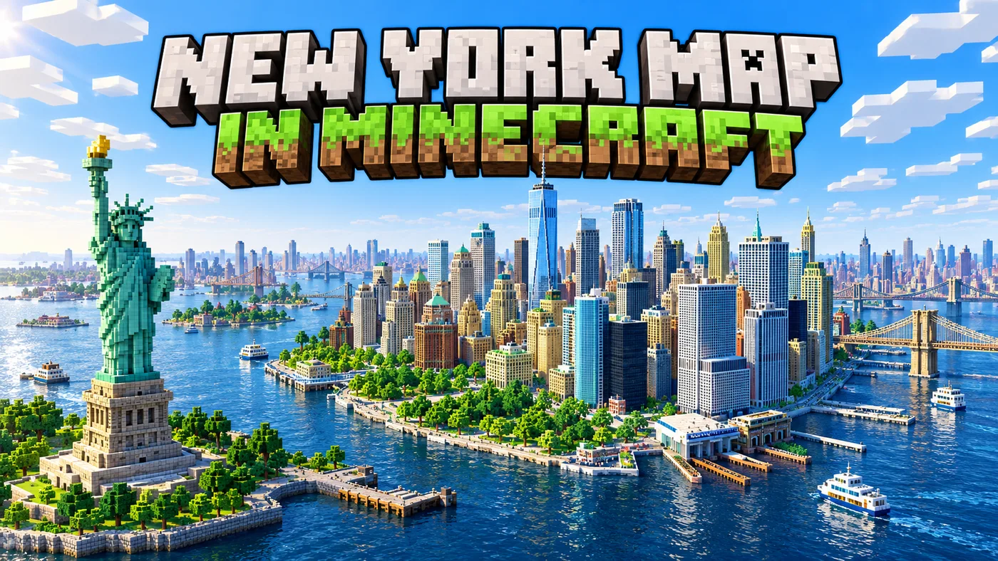 New York City recreated in Minecraft at 1:1 scale, with the Statue of Liberty and the Lower Manhattan skyline