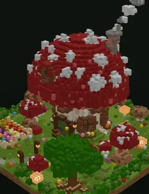 Mushroom cottage Minecraft build generated from a text prompt