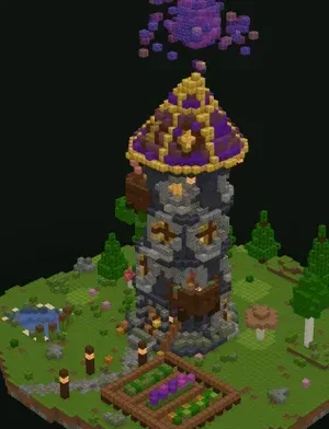 Wizard tower Minecraft build with a purple spire generated from a text prompt
