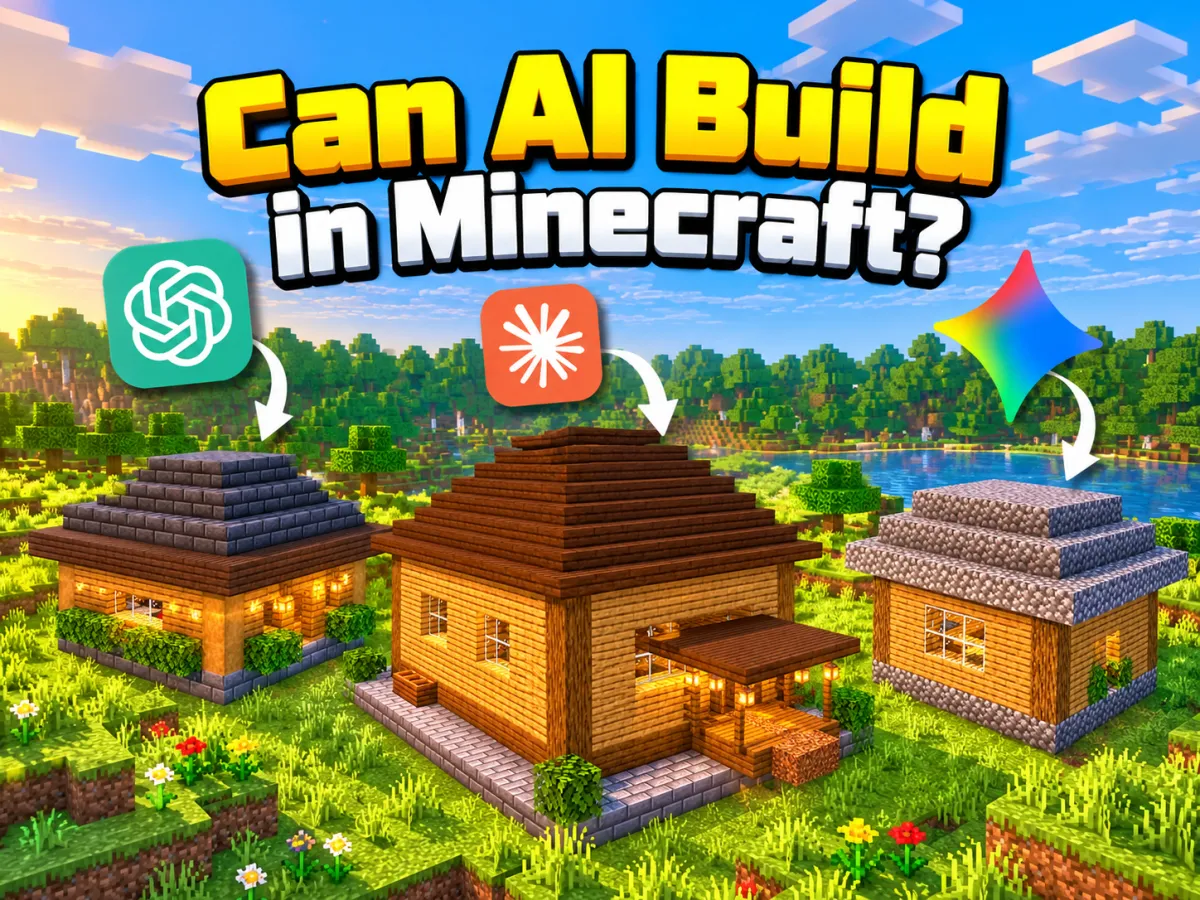 Three Minecraft houses built by ChatGPT, Claude and Gemini side by side