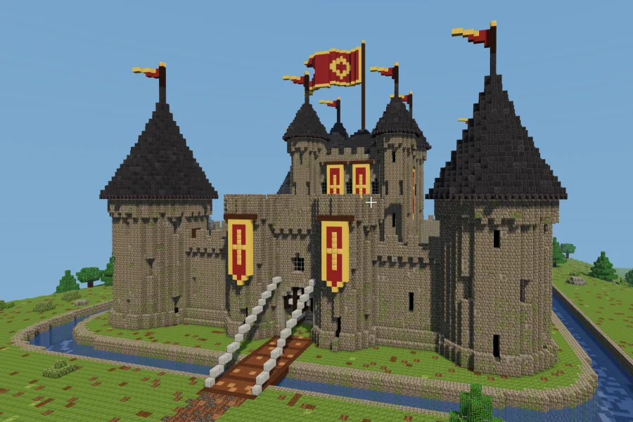 Minecraft castle built by the Photo2Skin AI Build Generator with towers, banners, a drawbridge and a moat