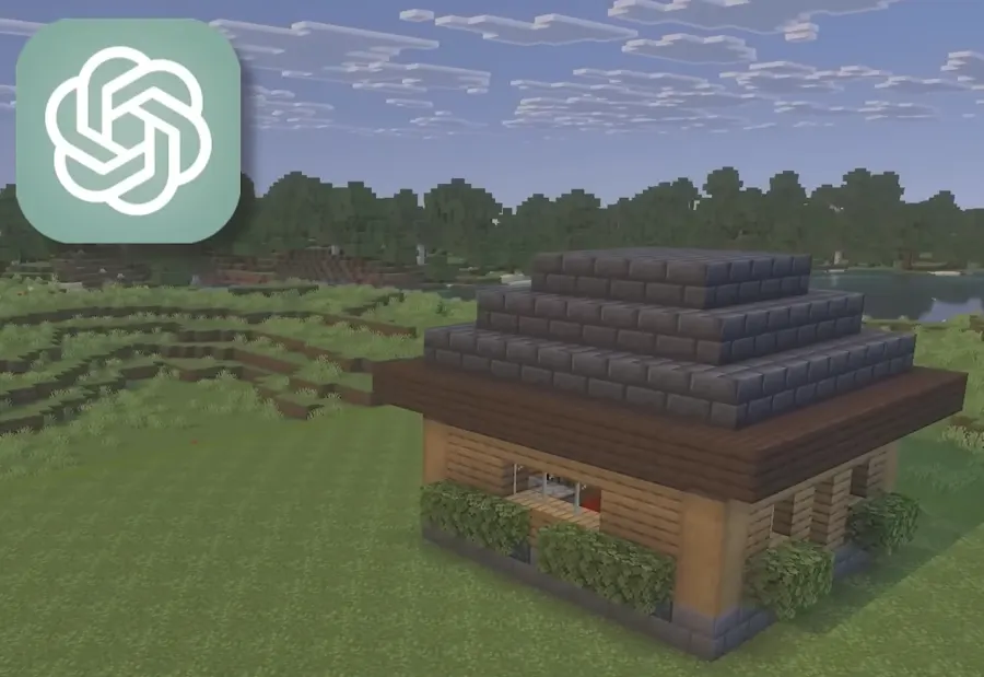 Minecraft house built by ChatGPT with a stepped stone roof and hedges