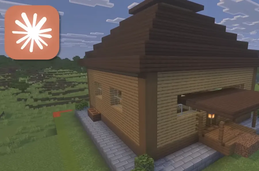 Minecraft house built by Claude with a wooden roof, porch and lanterns