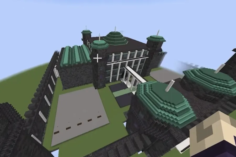 Blackstone Minecraft fortress with green copper domes built by Claude Opus 5