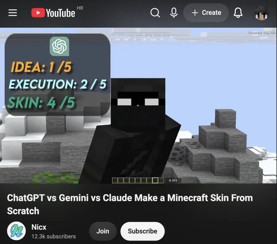 AI Minecraft skin result from ChatGPT Gemini and Claude comparison