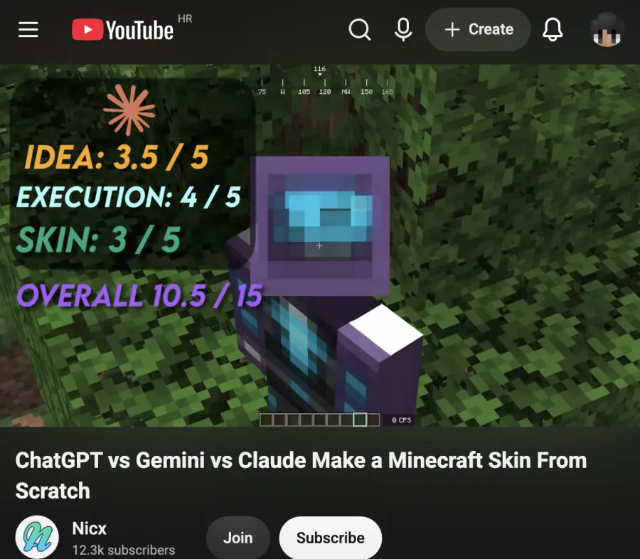 AI generated Minecraft skin scored for idea execution and skin quality