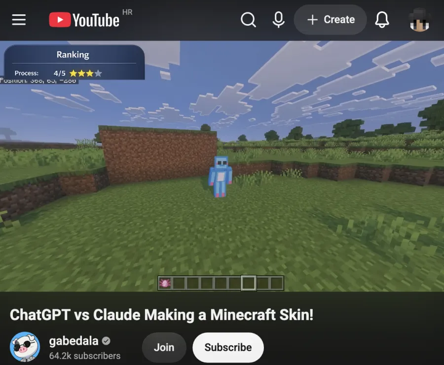 Minecraft character wearing an AI generated skin from a ChatGPT and Claude test