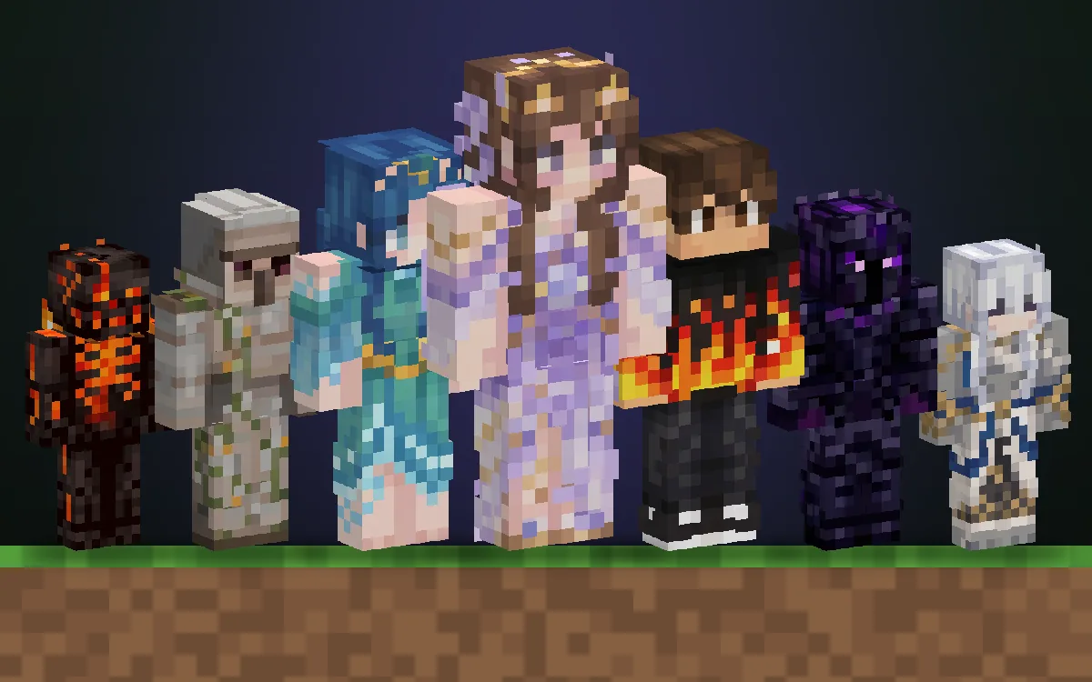 Sieben eigene Minecraft-Charaktere auf einem Grasblock