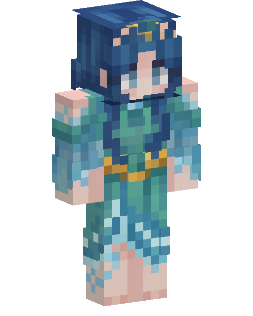 Eigener Minecraft-Charakter mit langen blauen Haaren und einem türkisfarbenen Fantasy-Kleid