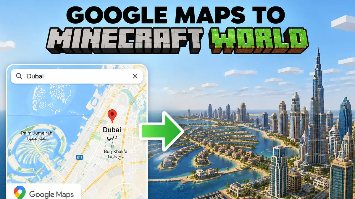 A real-world map location beside the same place generated as a Minecraft world