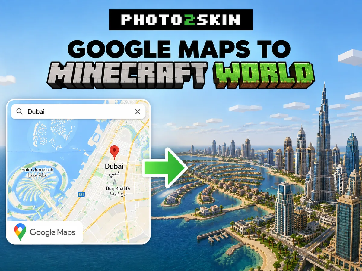 A real-world city on a map beside the same streets and buildings generated as a Minecraft world