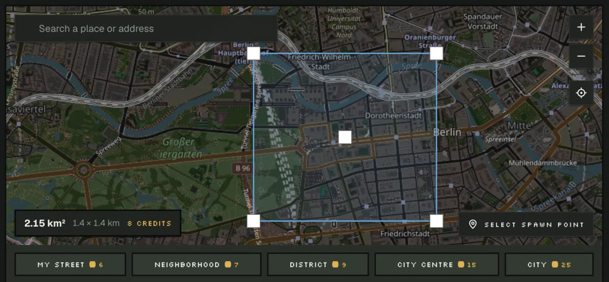 The Photo2Skin map generator with a selection box dragged over a city block, ready to convert into a Minecraft world