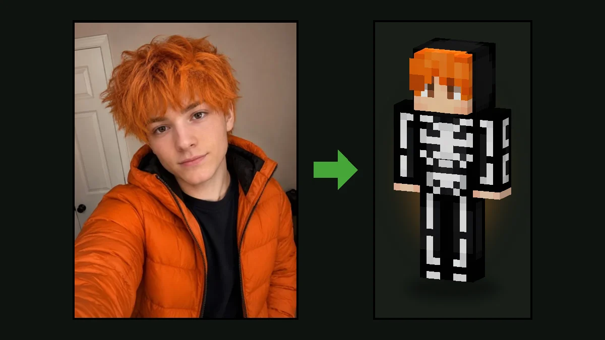 A selfie beside the Halloween Minecraft skin made from it, a black skeleton suit