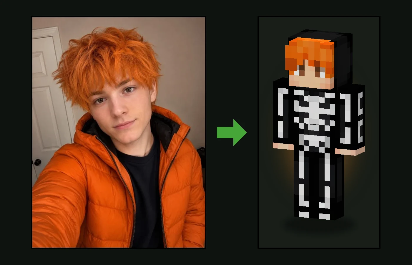 A selfie of a red-haired boy beside the Halloween Minecraft skin made from it, a black skeleton suit