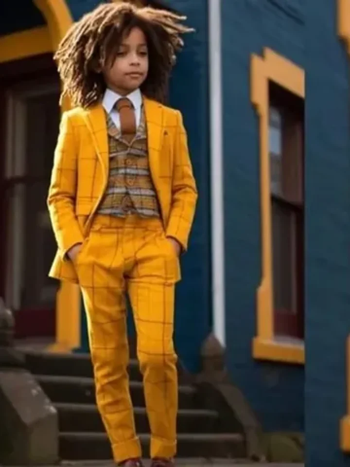 A kid with long curly hair in a yellow suit