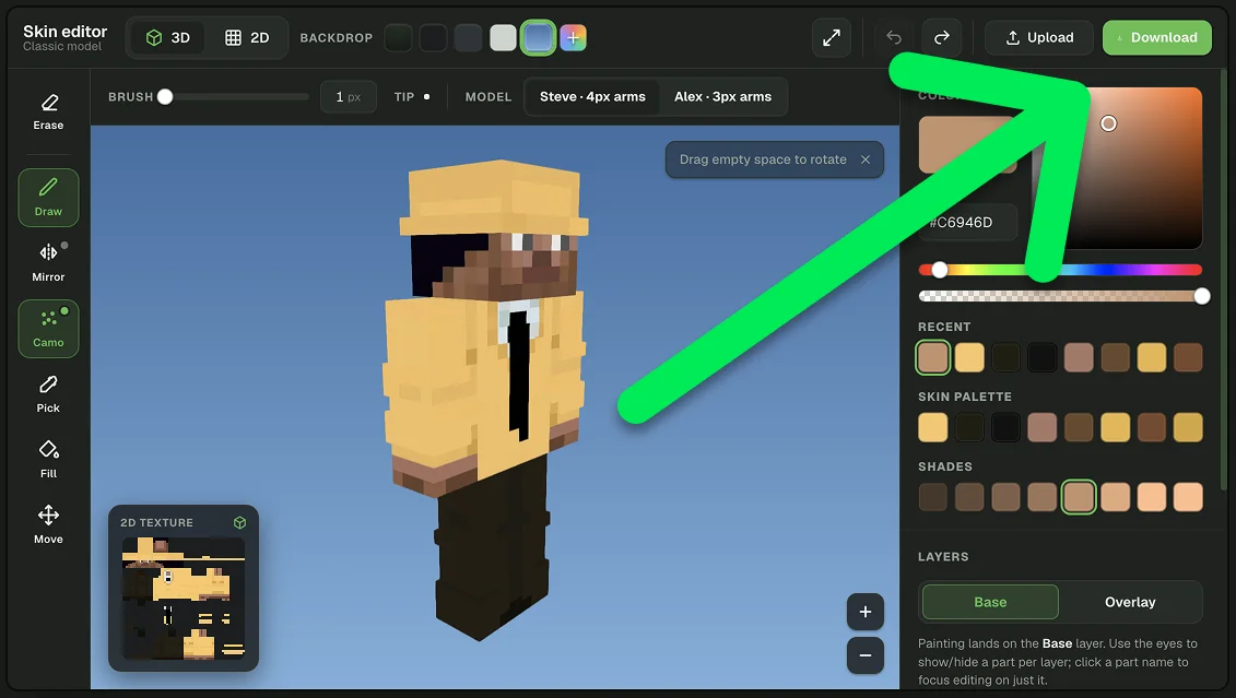 Download button in the Photo2Skin Minecraft skin editor to save a custom skin as a PNG