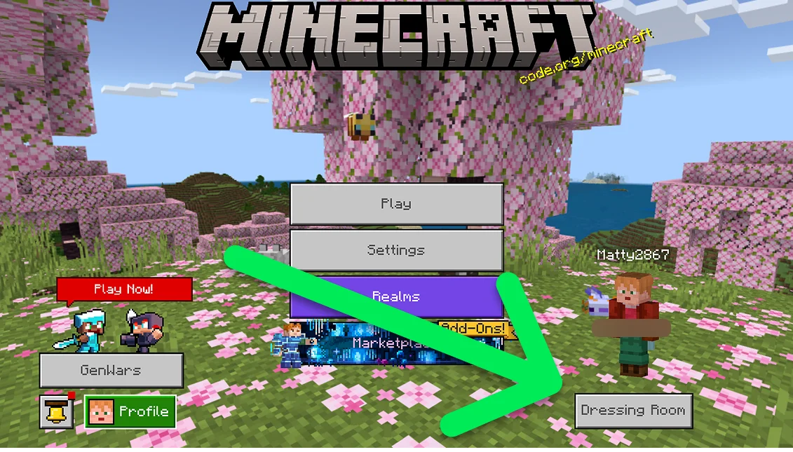 Minecraft Bedrock Edition main menu with the Dressing Room button to change your skin