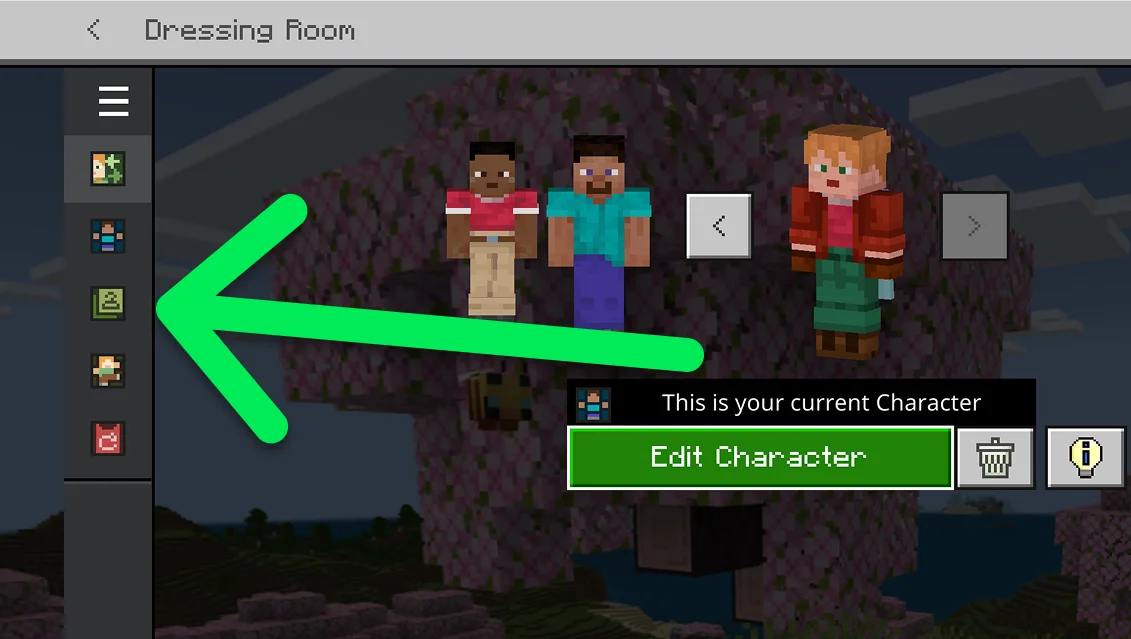 Minecraft Dressing Room with Edit Character and the Classic Skins menu used to import a custom skin