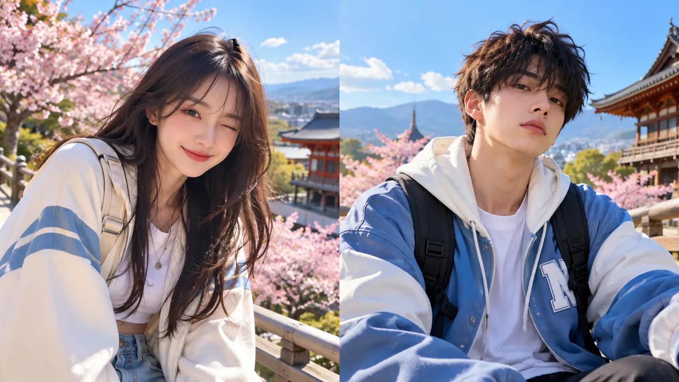 Two portraits of a young couple in blue and white jackets under cherry blossoms