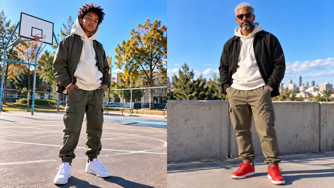 A son and his father in white hoodies, dark jackets and cargo pants