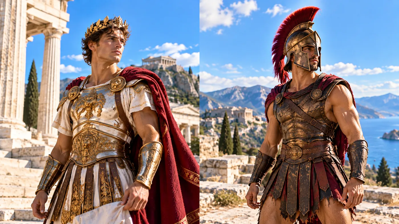 Two friends dressed as ancient Greek warriors, one with a golden crown and red cape, one with a bronze helmet and red crest