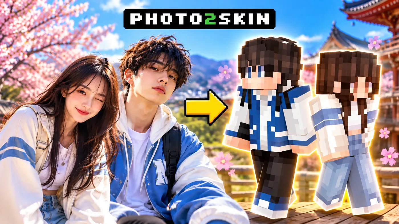 A couple's selfie turned into matching Minecraft skins with blue and white jackets