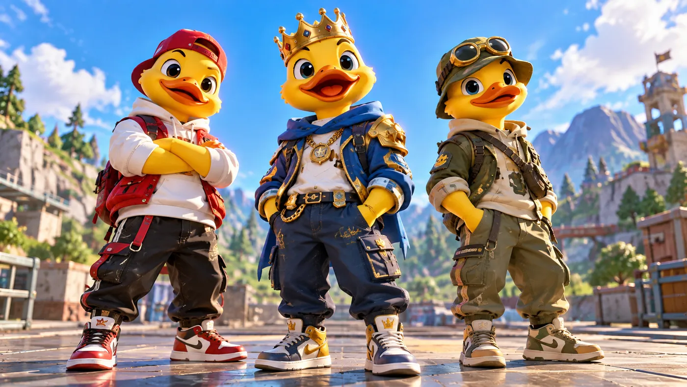 Three yellow duck characters in streetwear: one in a red cap, one with a crown, one in a bucket hat with goggles