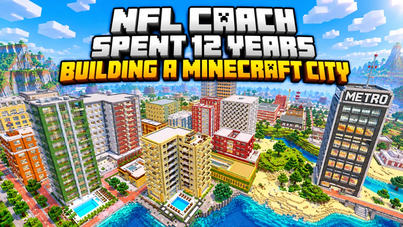 Mike Tomlin's Minecraft city with waterfront high-rises, apartment towers and a beach, under the headline NFL coach spent 12 years building a Minecraft city
