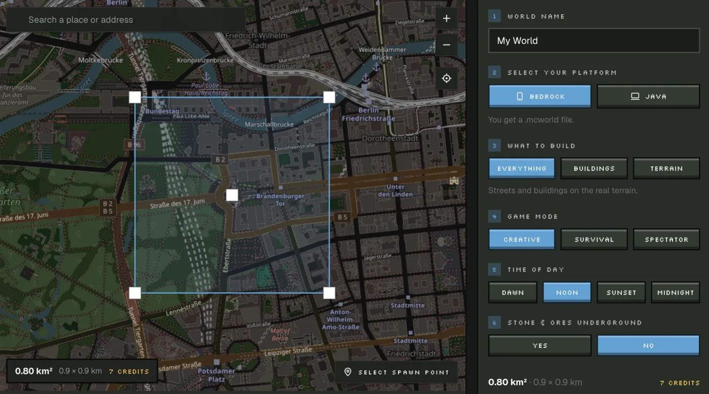 Photo2Skin Minecraft Map Generator with an area of Berlin selected and world settings for platform, buildings, game mode and time of day