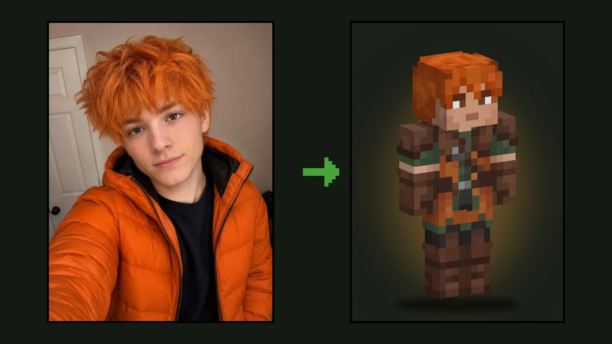 A selfie beside the Minecraft Dungeons 2 style hero skin made from it