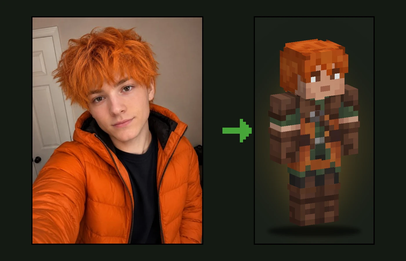 A selfie of a red-haired boy beside the Minecraft Dungeons 2 style hero skin made from it