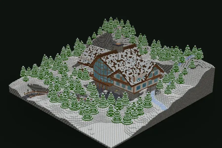 Großes alpines Minecraft-Skichalet mit dunklen Holzdächern an einem verschneiten Berghang zwischen Fichten