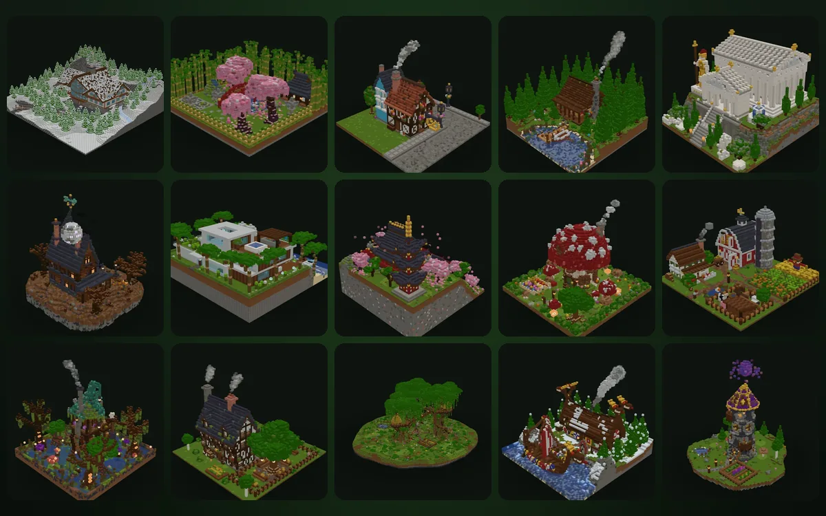 Raster mit 15 Minecraft-Häusern