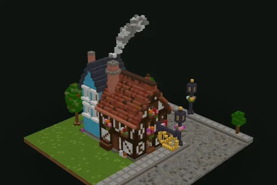 Zweistöckige Minecraft-Eckbäckerei mit gestreifter Markise, Blumenkästen und Kopfsteinpflasterstraße
