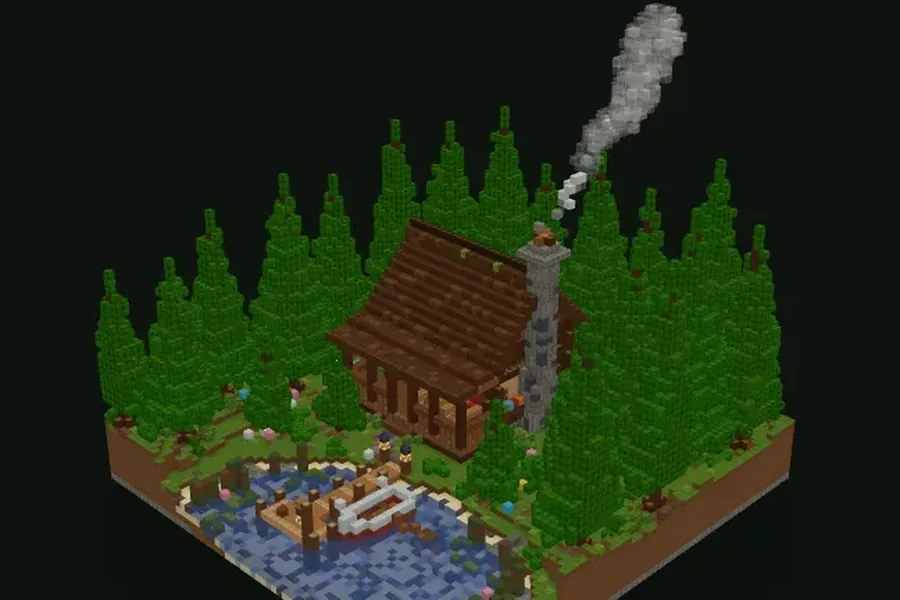 Minecraft-Blockhütte mit Steinkamin, umlaufender Veranda und einem Steg am See