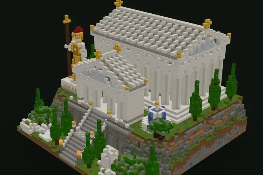Griechischer Tempel aus weißem Marmor in Minecraft mit hohen Säulen auf einem felsigen Hügel mit Olivenbäumen