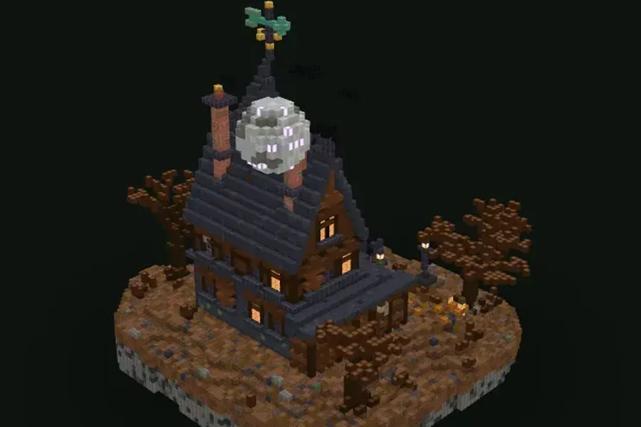 Schiefe viktorianische Minecraft-Spukvilla mit zerbrochenen Fenstern, Friedhof und Kürbislaternen