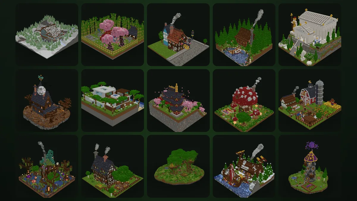 Raster mit 15 Minecraft-Häusern, darunter ein Chalet, eine Strandvilla, ein Pilz-Cottage, eine rote Scheune und ein Zaubererturm