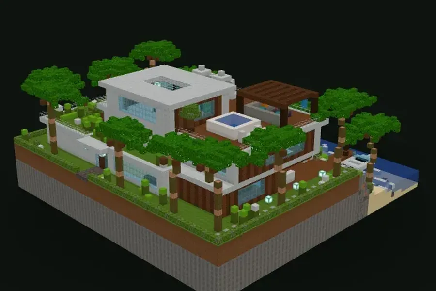 Weiße moderne Minecraft-Strandvilla mit Glaswänden, Infinity-Pool und Palmen