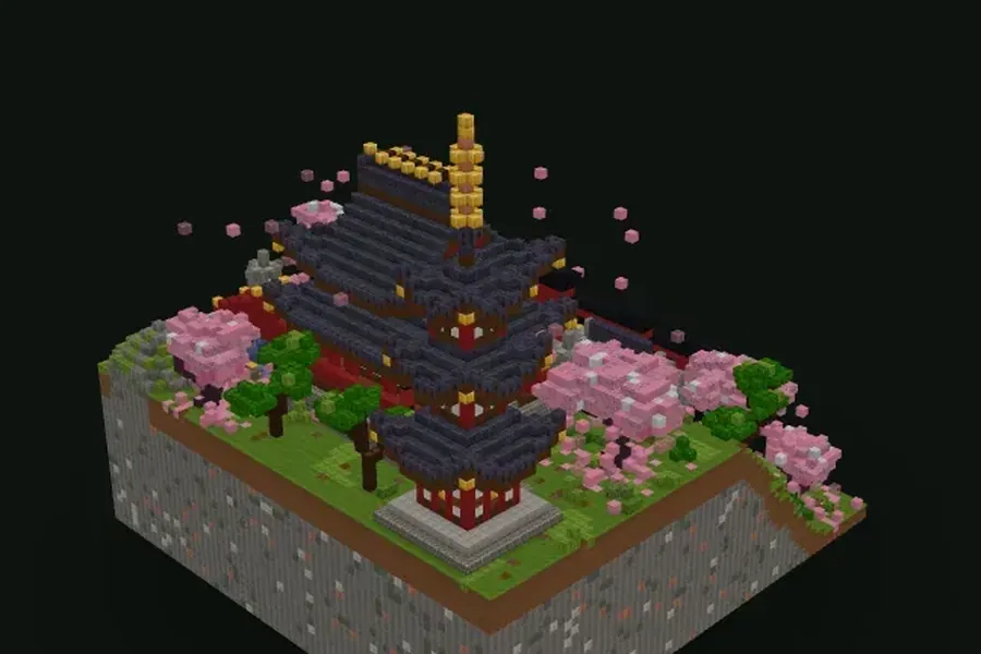 Minecraft-Bergschrein im japanischen Stil mit Pagodendach, rotem Torii-Tor und Kirschbäumen