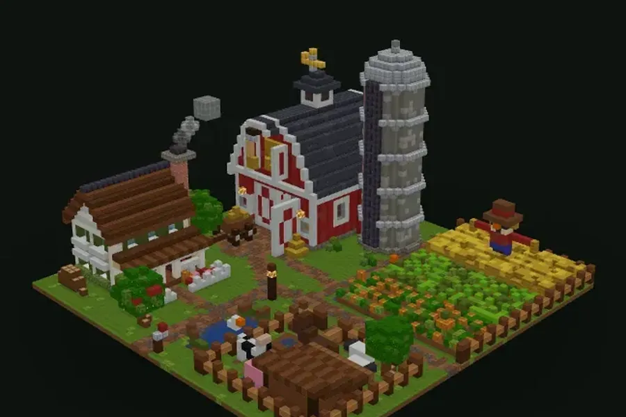 Minecraft-Rote-Scheune mit Silo, Windradpumpe und Feldern voller Weizen, Kürbisse und Karotten