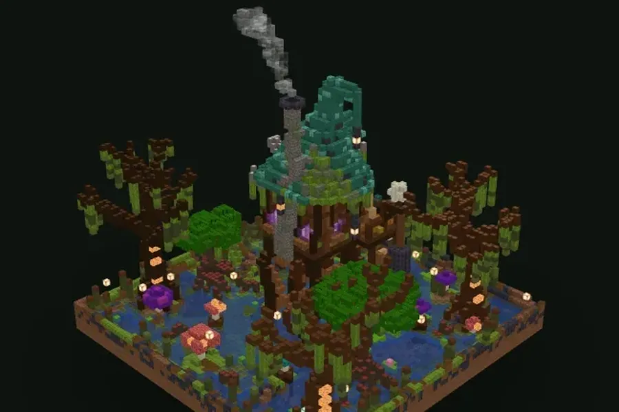 Schiefe Minecraft-Hexenhütte auf Stelzen über einem Sumpf mit Kessel und Besen