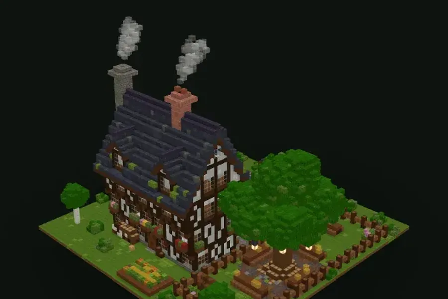 Mittelalterliche Minecraft-Taverne im Fachwerkstil mit Wirtshausschild, Stall und Biergarten
