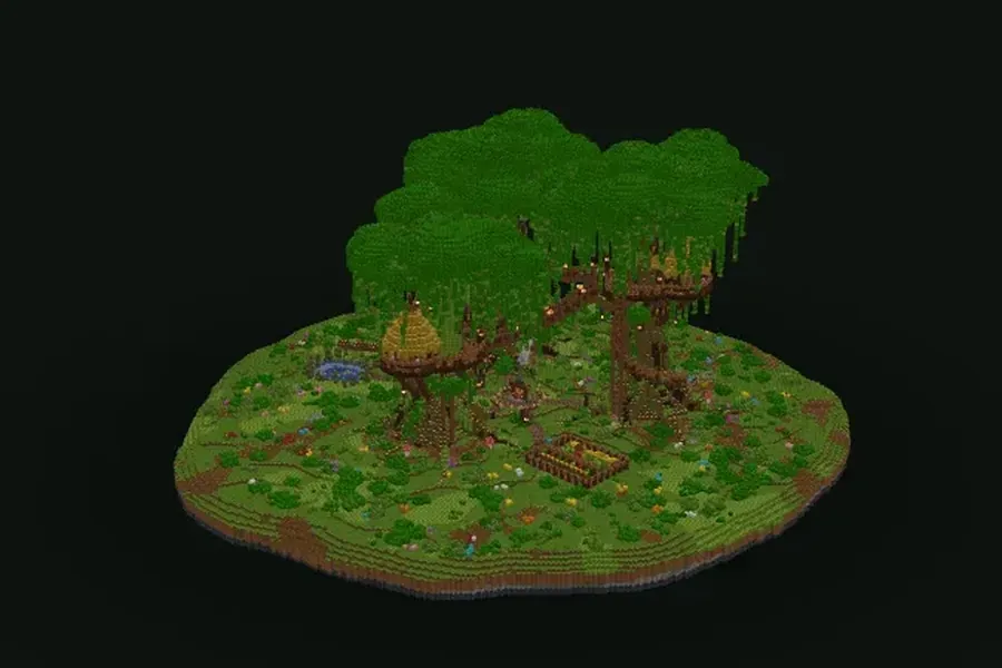 Minecraft-Baumhausdorf aus drei Baumhäusern in riesigen Tropenbäumen, verbunden durch Hängebrücken