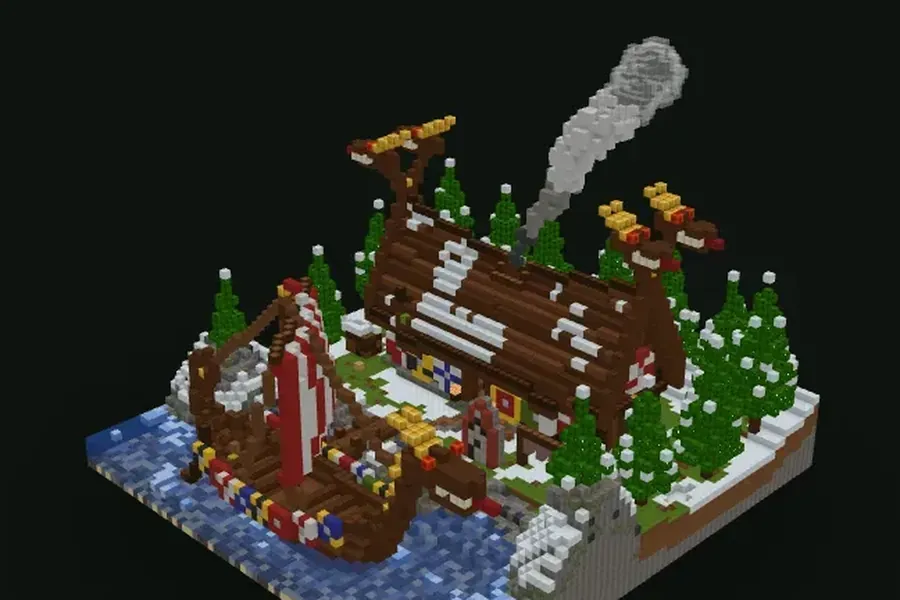 Minecraft-Wikinger-Langhaus mit geschwungenem Dach und Drachenschnitzereien neben einem Langschiff am Ufer