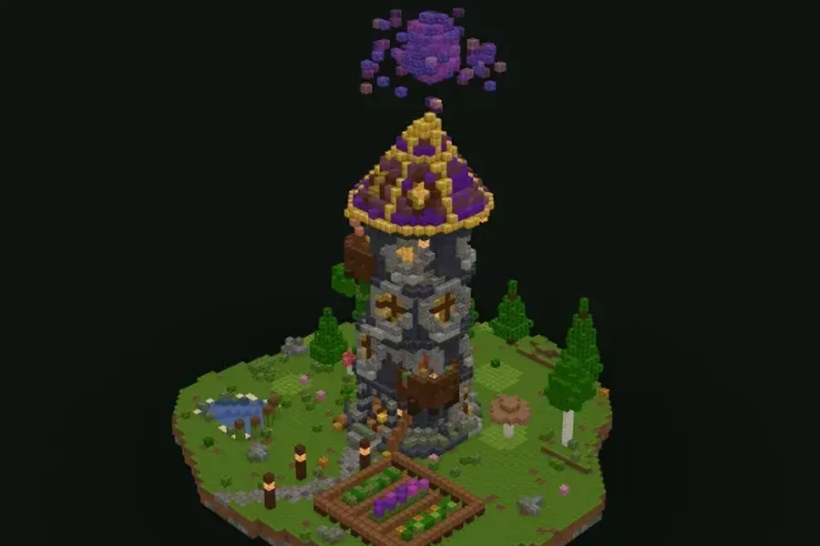 Schiefer Minecraft-Zauberturm aus Stein mit lila Turmspitze und schwebendem Kristall darüber