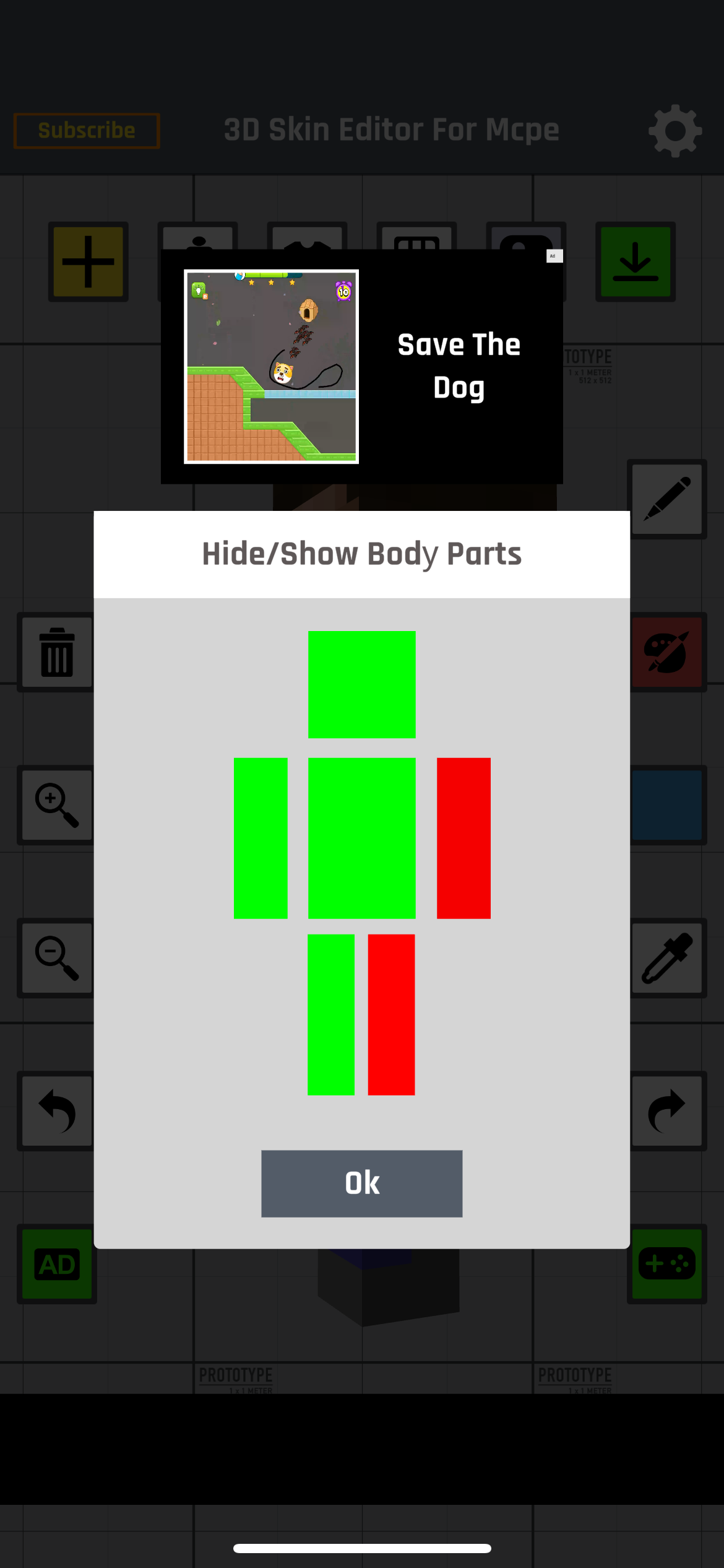 3D Skin Editor for MCPE body part visibility menu